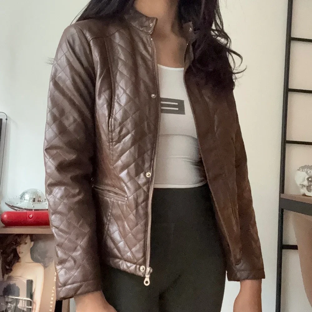 New Look Quilted Faux Leather Moto Jacket Brown Padded Collar Zip Front Womens